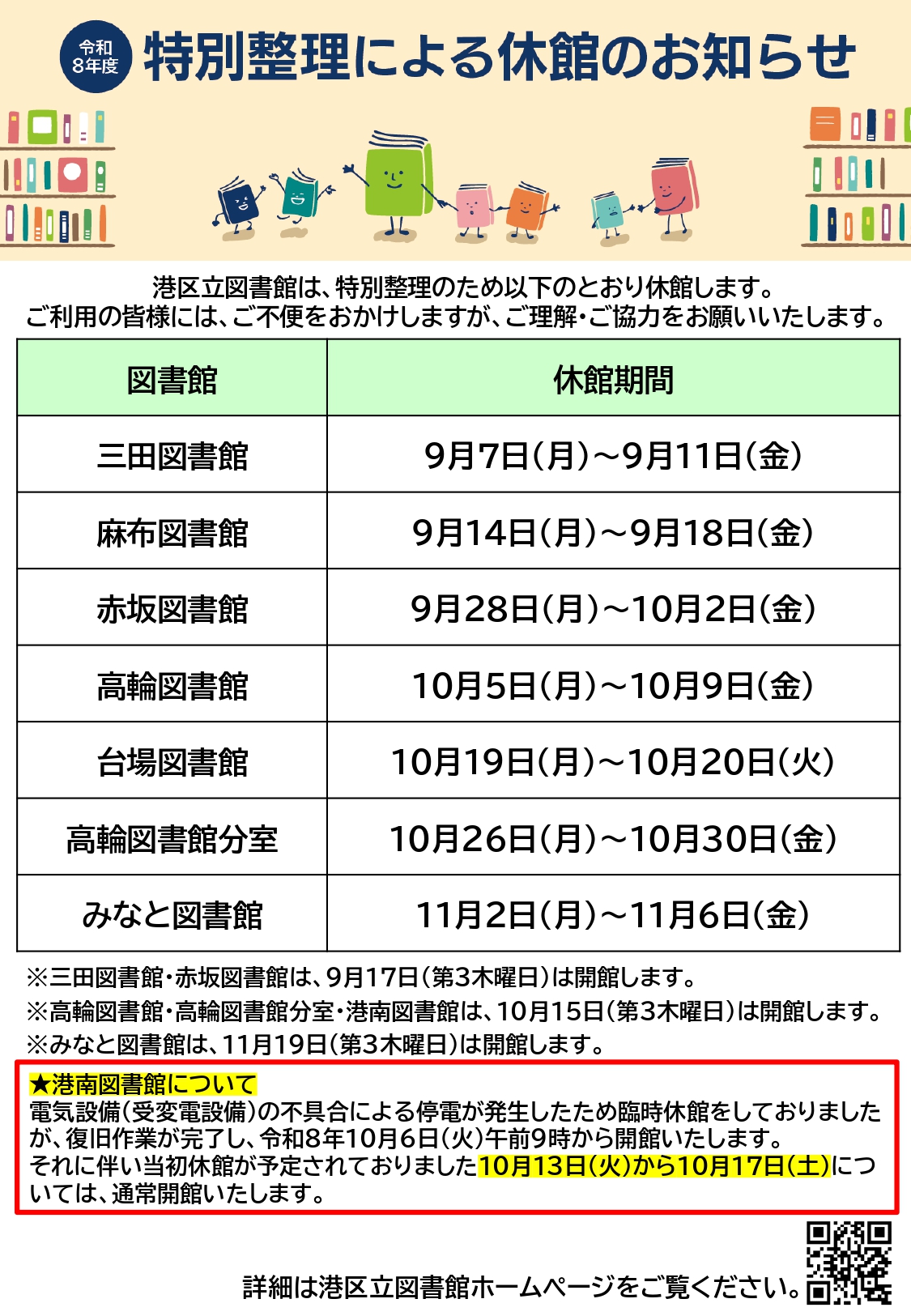 令和8年度特別整理休館(港南開館)